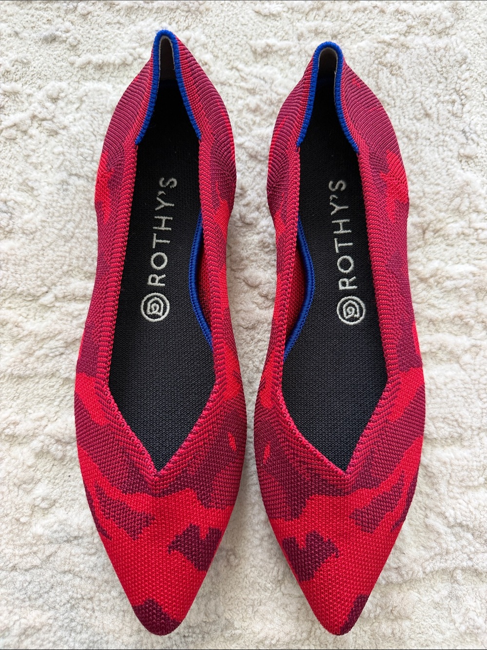 Rothy's Red Knit Pointed Ballet Flats with Blue Trim